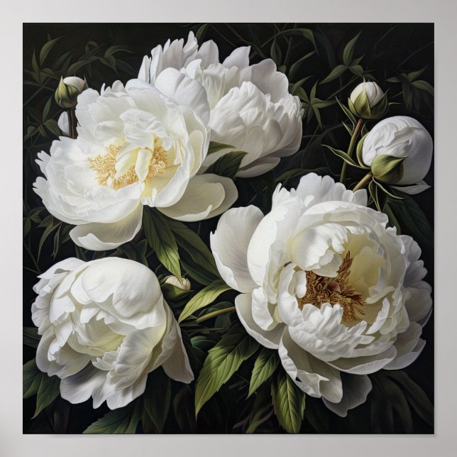White Peony Flowers Art Print Poster (Framsidan)
