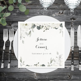 White Peony Greenery Bröllop Square Cocktail Pappersservett