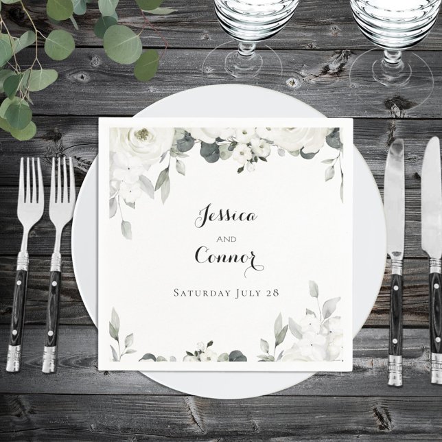 White Peony Greenery Bröllop Square Cocktail Pappersservett (Skapare uppladdad)