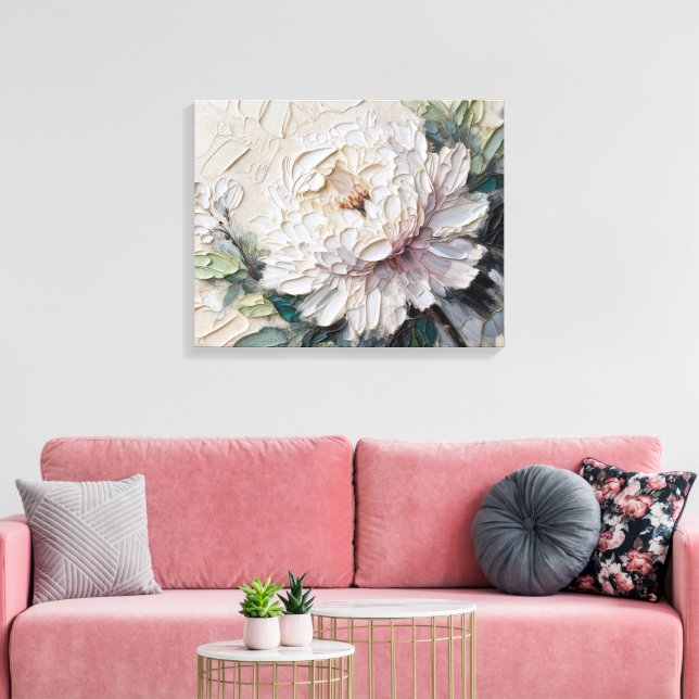 White Peony Impasto Art Canvastryck (Insitu (Vardagsrum))