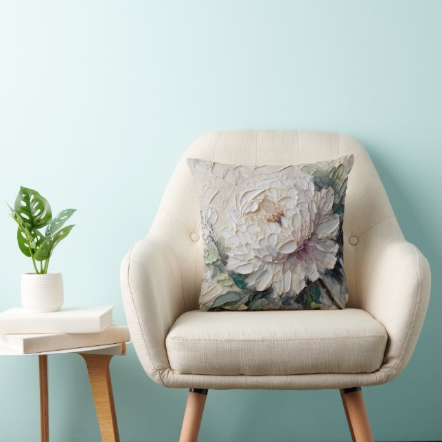White Peony Impasto Art Kudde (Stol)