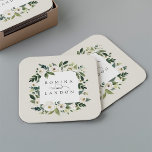 White Peony | PERSONLIG BLOMMIGT RAM BRÖLLOP Underlägg Papper Kvadrat<br><div class="desc">Vår vattenfärgssamling i White Peony blommigt bröllop har delikatmålat vattenfärgsgrej,  grönt botaniskt blad och vita och elfenbensblommor. Anpassa dessa underlägg till namn,  gått med med en dekorativ skriptaccent.</div>