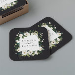 White Peony | PERSONLIG BLOMMIGT RAM BRÖLLOP Underlägg Papper Kvadrat<br><div class="desc">Vår vattenfärgssamling i White Peony blommigt bröllop har delikatmålat vattenfärgsgrej,  grönt botaniskt blad och vita och elfenbensblommor. Anpassa dessa underlägg till namn,  gått med med en dekorativ skriptaccent.</div>