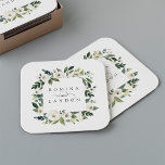 White Peony | PERSONLIG BLOMMIGT RAM BRÖLLOP Underlägg Papper Kvadrat<br><div class="desc">Vår vattenfärgssamling i White Peony blommigt bröllop har delikatmålat vattenfärgsgrej,  grönt botaniskt blad och vita och elfenbensblommor. Anpassa dessa underlägg till namn,  gått med med en dekorativ skriptaccent.</div>