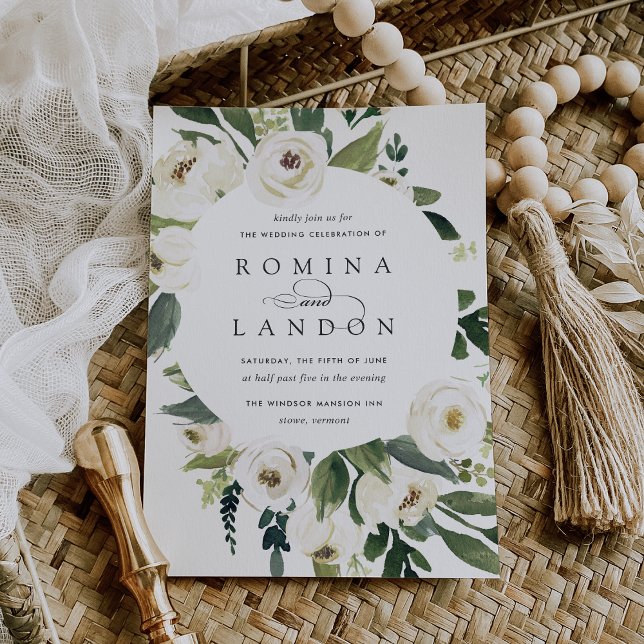 White Peony | Rund Blommigt Ram Bröllop Inbjudningar (Skapare uppladdad)