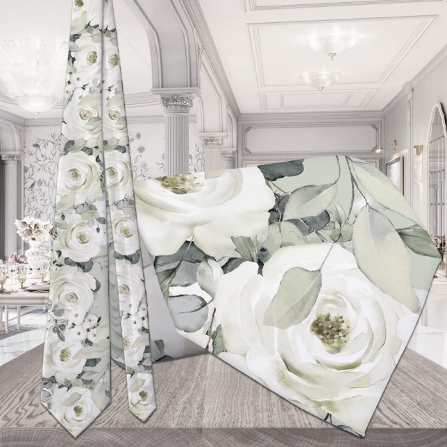 White Peony Silver Eucalyptus Bröllop Sage Grönt Slips (Skapare uppladdad)