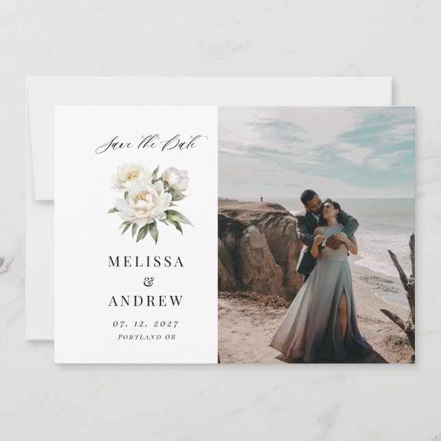 White Peony Spara datumet Inbjudningar (Framsida)