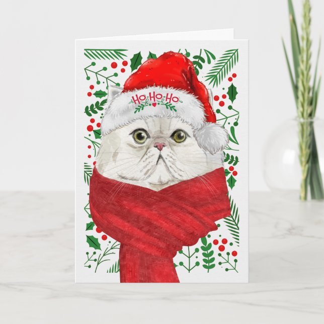 White Perisan Cat Santa Hat Meowy jul Helgkort (Framsida)