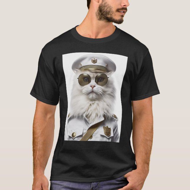 White Persian cat military cap T Shirt (Framsida)