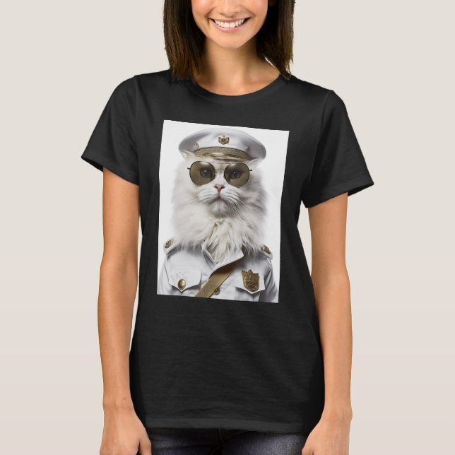 White Persian cat military cap T Shirt (Framsida)