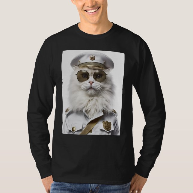White Persian cat military cap T Shirt (Framsida)