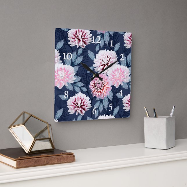 White, pink flowers on dark blue. Fyrkantig Klocka (Kontor)