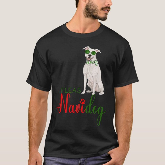 White Pit Bull Funny jul Fleas Navidog T Shirt (Framsida)