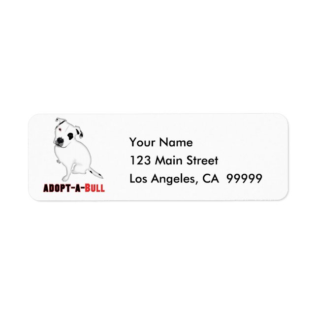 White Pitbull Puppy ADOPT-A-BULL Returadress Etikett (Framsidan)