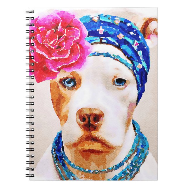 White Pitbull Rosa ros Flower Necklace Notebo Hund Anteckningsbok (Framsidan)