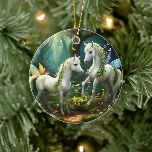 White Pixie Fantasy Horses in Magic Garden Julgransprydnad Keramik (Träd)