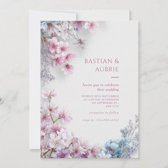 White Plaster Pink Sakura Botanical Border Wedding Inbjudningar (Framsida)