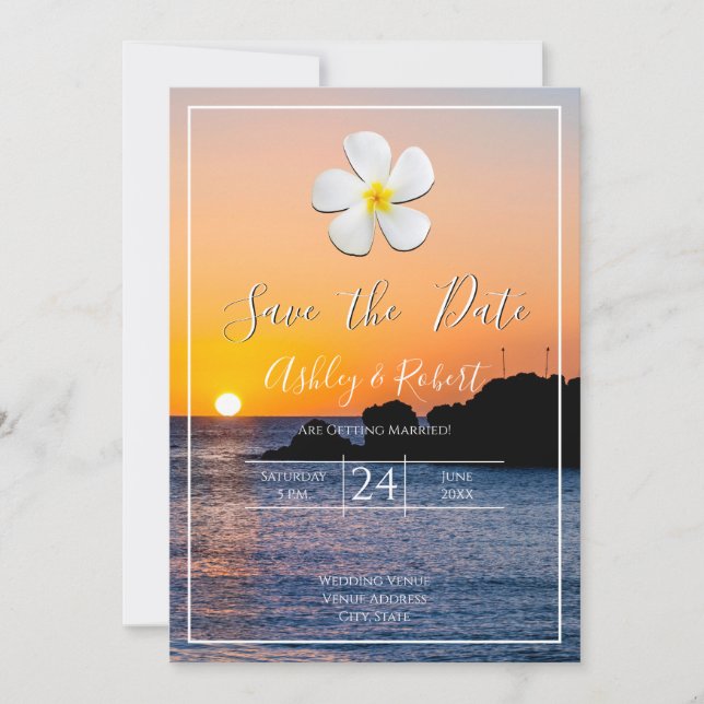White Plumeria Flower Golden Sunset, Save the Date Inbjudningar (Framsida)
