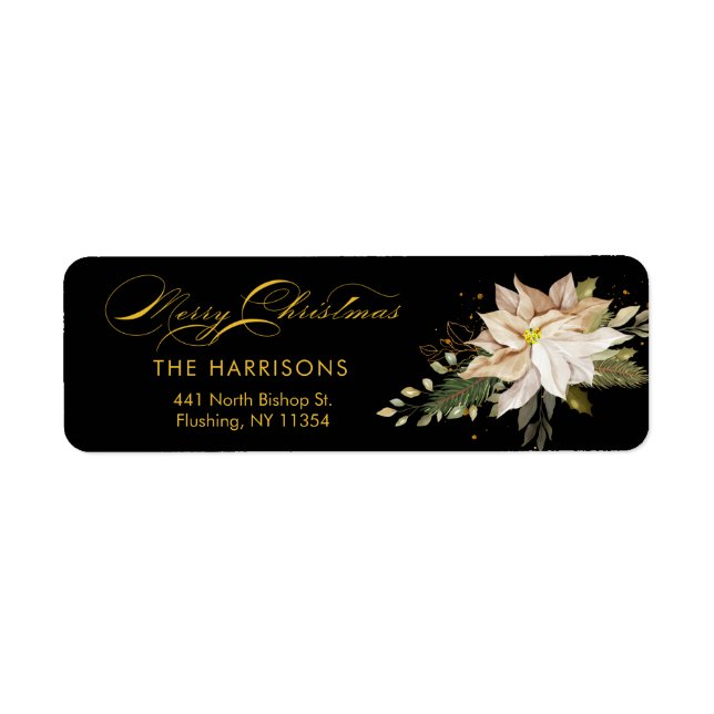 White Poinsettia & God jul Calligraphy Returadress Etikett (Framsidan)