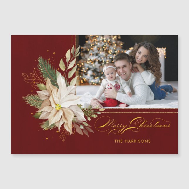 White Poinsettia, Guld Grey Calligraphy Photo (Framsida)