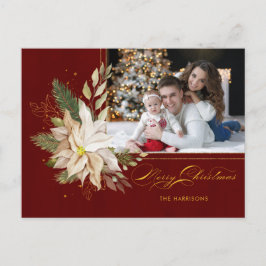 White Poinsettia, Guld Grey Calligraphy Photo Helg Vykort