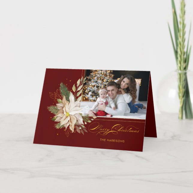 White Poinsettia, Guld Grey Calligraphy Photo Helgkort (Framsida)