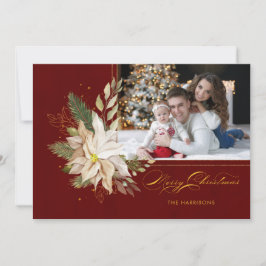 White Poinsettia, Guld Grey Calligraphy Photo Julkort