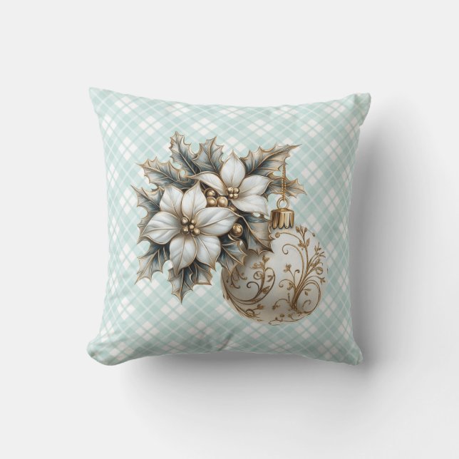 White Poinsettia & Guld Ornament Kudde (Framsida)
