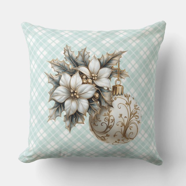 White Poinsettia & Guld Ornament Kudde (Framsida)
