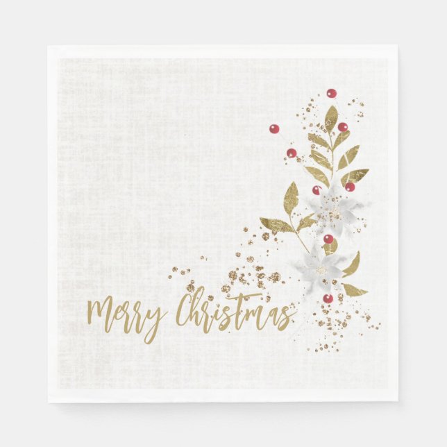White Poinsettia Red Berries Glitter Faux Linen Pappersservett (Framsidan)