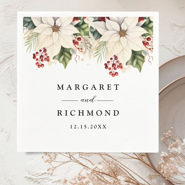 White Poinsettia Red Berries Winter Wedding Papper Pappersservett (Skapare uppladdad)