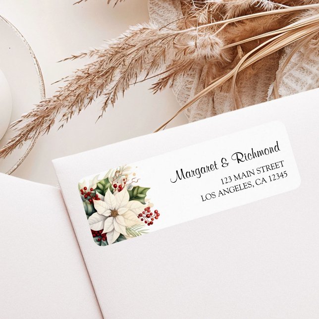 White Poinsettia Rustic Winter Wedding Adress Returadress Etikett (Skapare uppladdad)