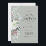 White Pointsettia Blommigt 40 födelsedagar Inbjudningar<br><div class="desc">En inbjudan till perfekt om att fira en 40-årsdag under juldagen, den här blommigten av eleganten har en underbar vit vattenfärgspoinsettia med eukalyptus, röda bär och sage grönt bakgrund. Personlig med dina specifika uppgifter om party. Åldern kan vara personlig till vilken ålder som helst. Den här inbjudan kan beställas i...</div>