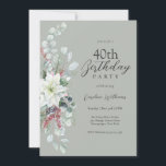 White Pointsettia Blommigt 40 födelsedagar Inbjudningar<br><div class="desc">En inbjudan till perfekt om att fira en 40-årsdag under juldagen, den här blommigten av eleganten har en underbar vit vattenfärgspoinsettia med eukalyptus, röda bär och sage grönt bakgrund. Personlig med dina specifika uppgifter om party. Åldern kan vara personlig till vilken ålder som helst. Den här inbjudan kan beställas i...</div>