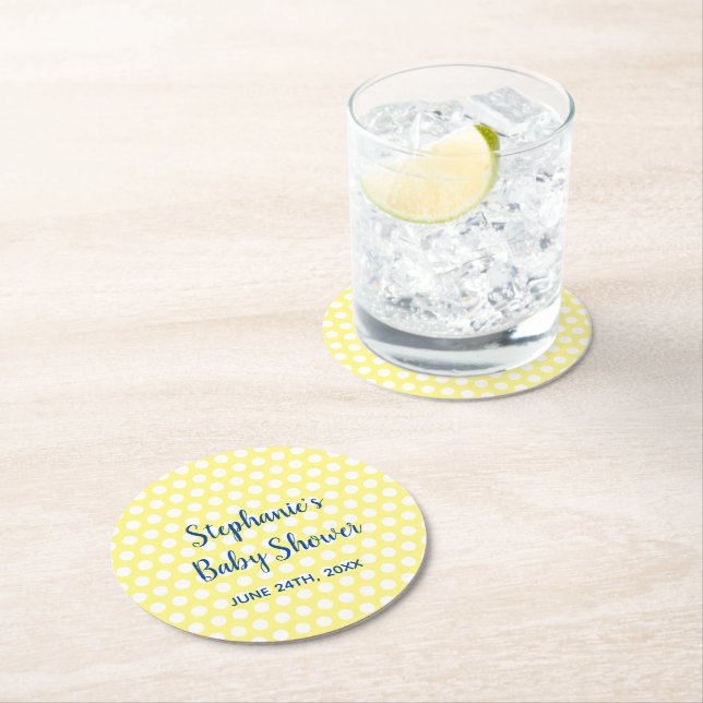 White Polka dots Gult Blue Girl Baby Shower Underlägg Papper Rund (Insitu)