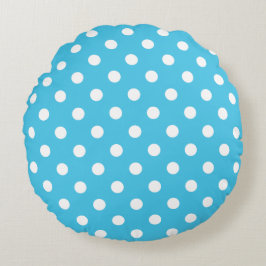 White Polka Dots on Aqua Blue Round Pillow Rund Kudde