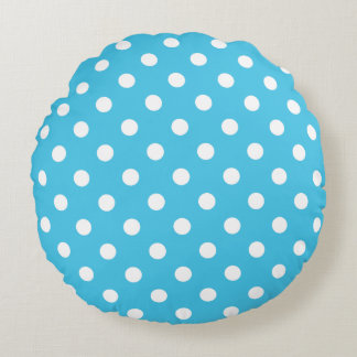 White Polka Dots on Aqua Blue Round Pillow Rund Kudde