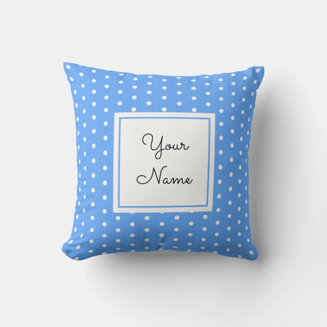 White Polka dots On Blue - med ditt namn Kudde (Framsida)