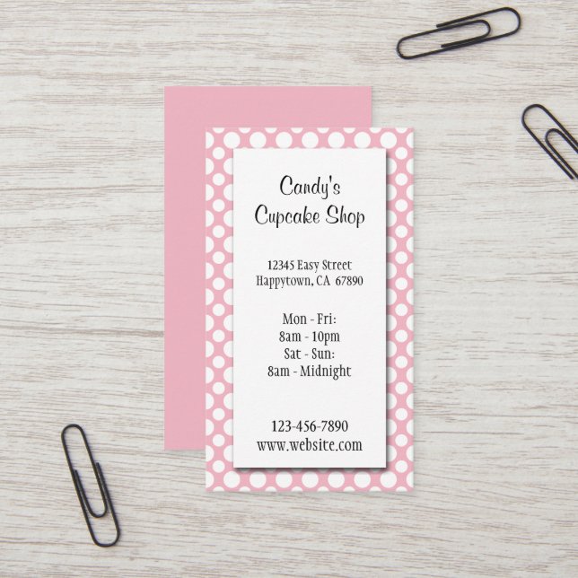 White Polka Dots on Pink Editable Business Card Visitkort (Fram/Back In Situ)