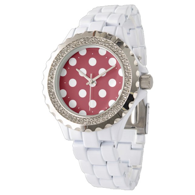 White Polka dots på Crimson Red Armbandsur (Vinklad)