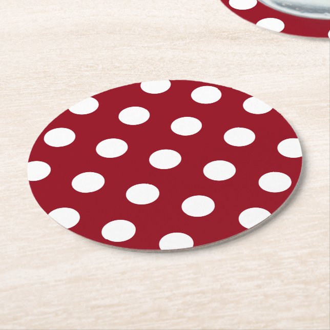White Polka dots på Crimson Red Underlägg Papper Rund (Vinklad)