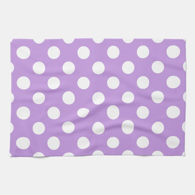 White polka dots på lilac kökshandduk (Horisontell)
