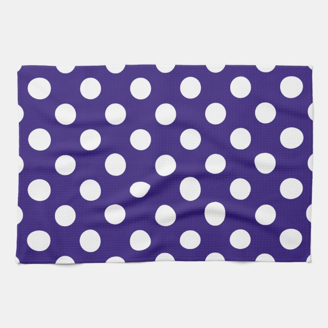 White polka dots på mörk blått kökshandduk (Horisontell)