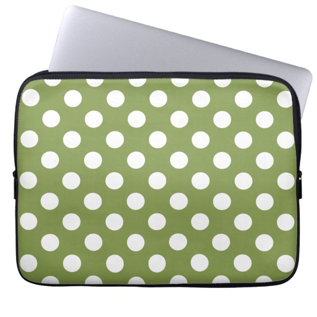 White polka dots på oliv grönt laptop fodral (Framsidan)