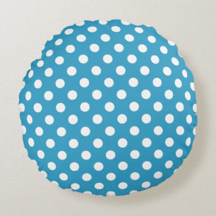 White Polka dots på Peacock Blue Background Rund Kudde