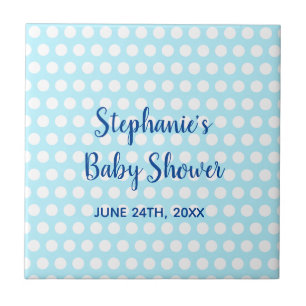 White Polka dots Teal Blue Girl Baby Shower Kakelplatta