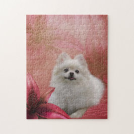 White Pommanian Flowers Hund Art Pussel
