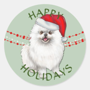 White Pommern Hund Santa Hat Glad helg Runt Klistermärke