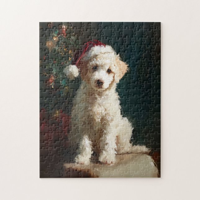 White Poodle Puppy Christmas Painting Pussel (Vertikal)