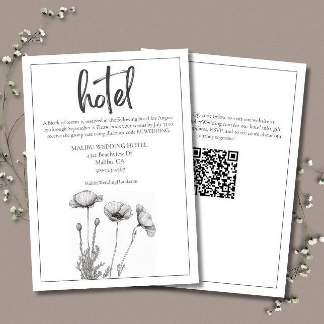 White Poppies Blommigt Elegant bröllop Hotel Tilläggskort (White Poppies Wedding Hotel Details Enclosure Card, simple and elegant with modern typography.)